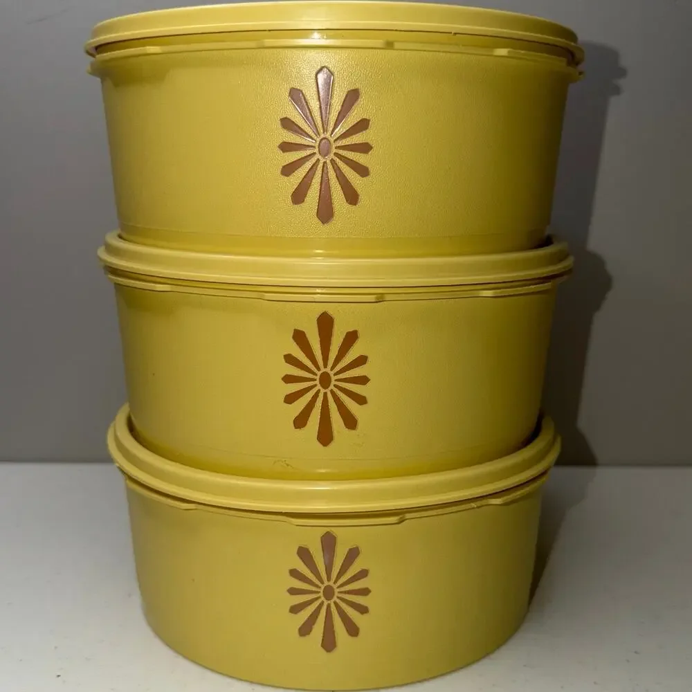 Vintage Tupperware Servalier Canister Set Harvest Gold Yellow Starburst Design